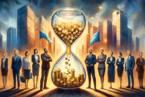 DALL·E 2024-04-23 13.50.01 - A dramatic painting in a 3 2 aspect ratio depicting the theme of gender pay equity by 2027. The central image is a large, transparent hourglass ...